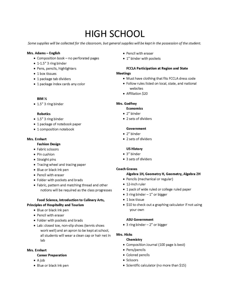 2022-23 Miles JH/HS School Supply List