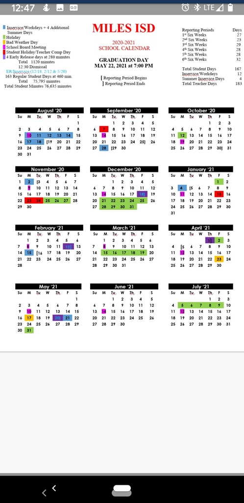 Miles ISD 20-21 School Calendar
