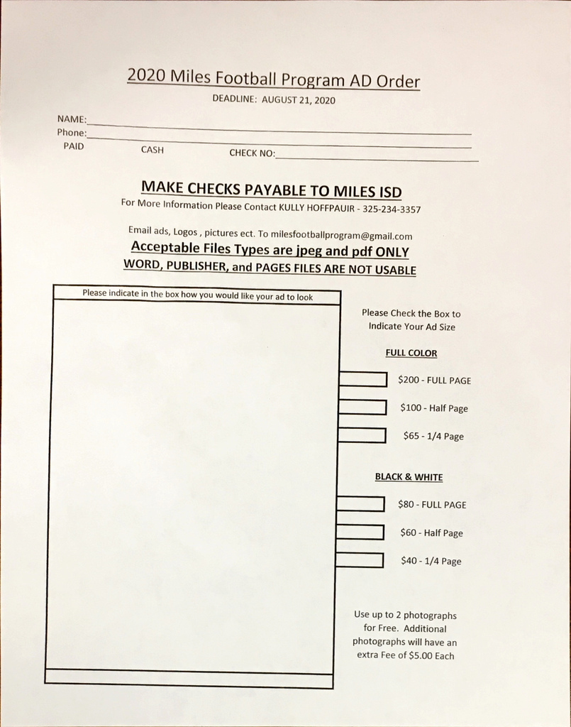 2020- Miles Football Program AD Order Form